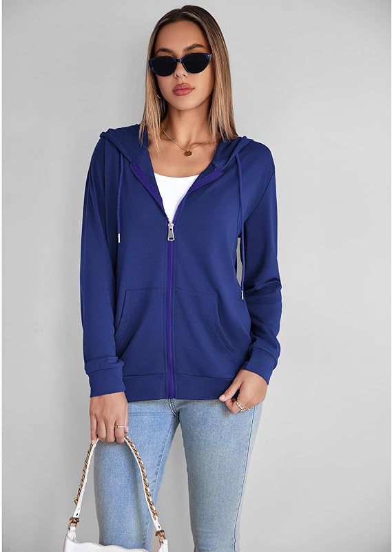 Royal blue zip-up hoodie with hood and front kangaroo pocket