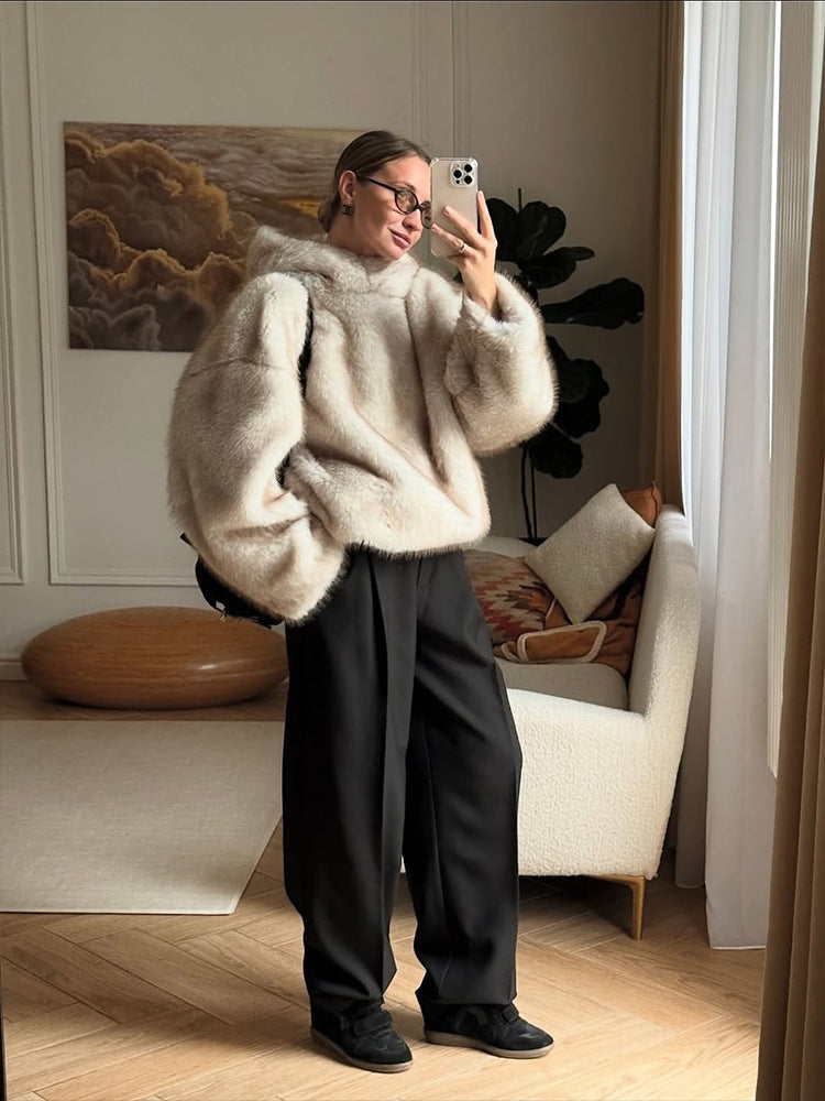 Women’s off-white faux fur hooded pullover top with relaxed, loose fit