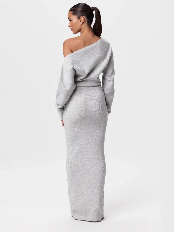 Women's slim long-sleeve off-shoulder knit dress, light gray