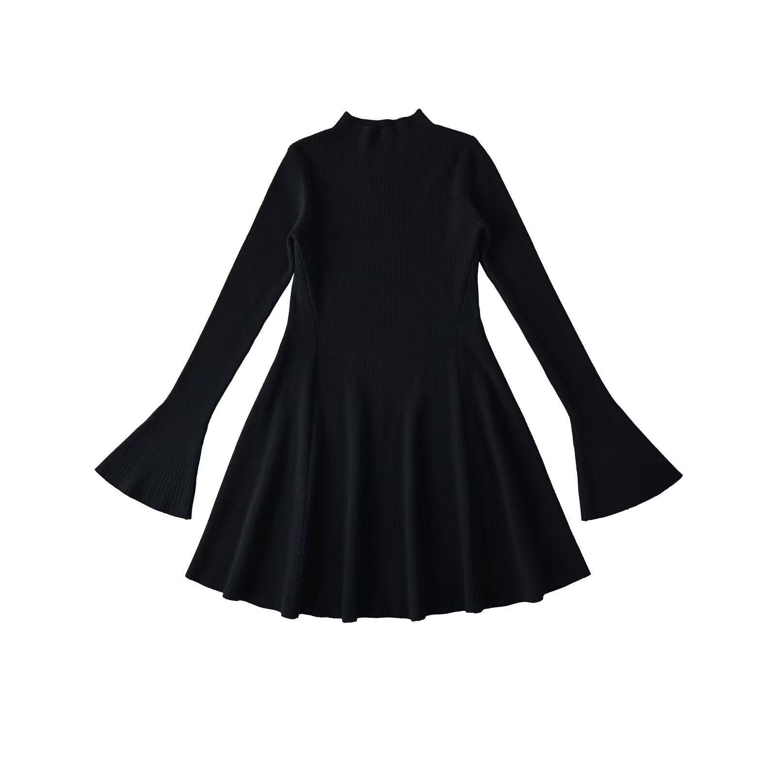 Black knit mini dress with mock neck, bell sleeves, and flared skater skirt