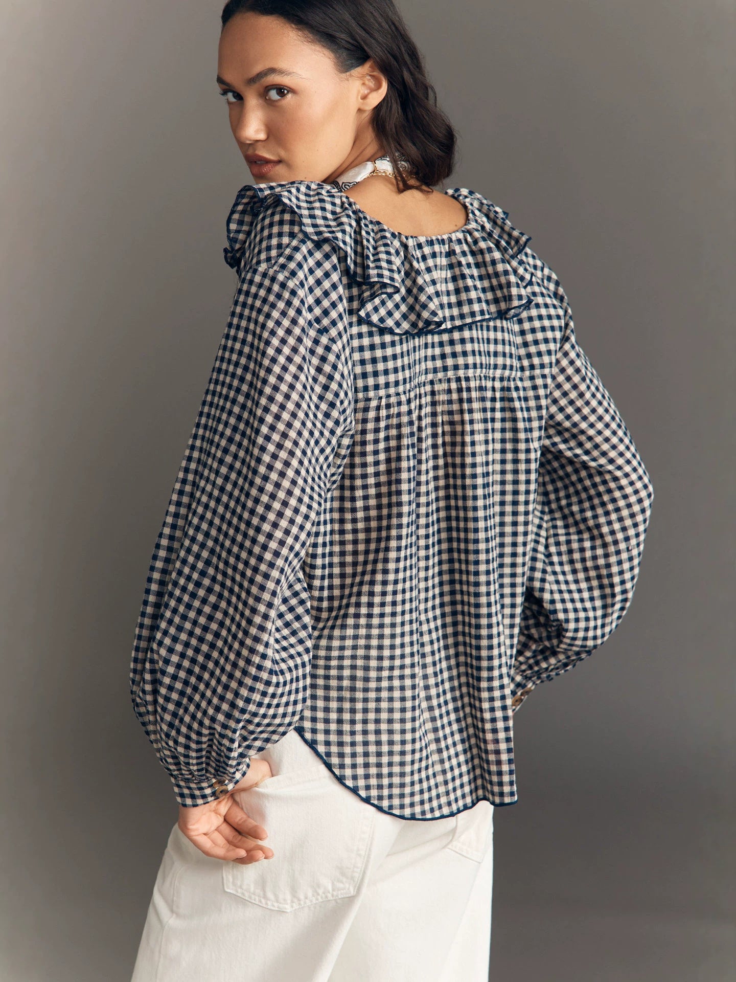 Ruffle Collar Blouse — Gingham Check with Puff Sleeves and Button Front in Cotton
