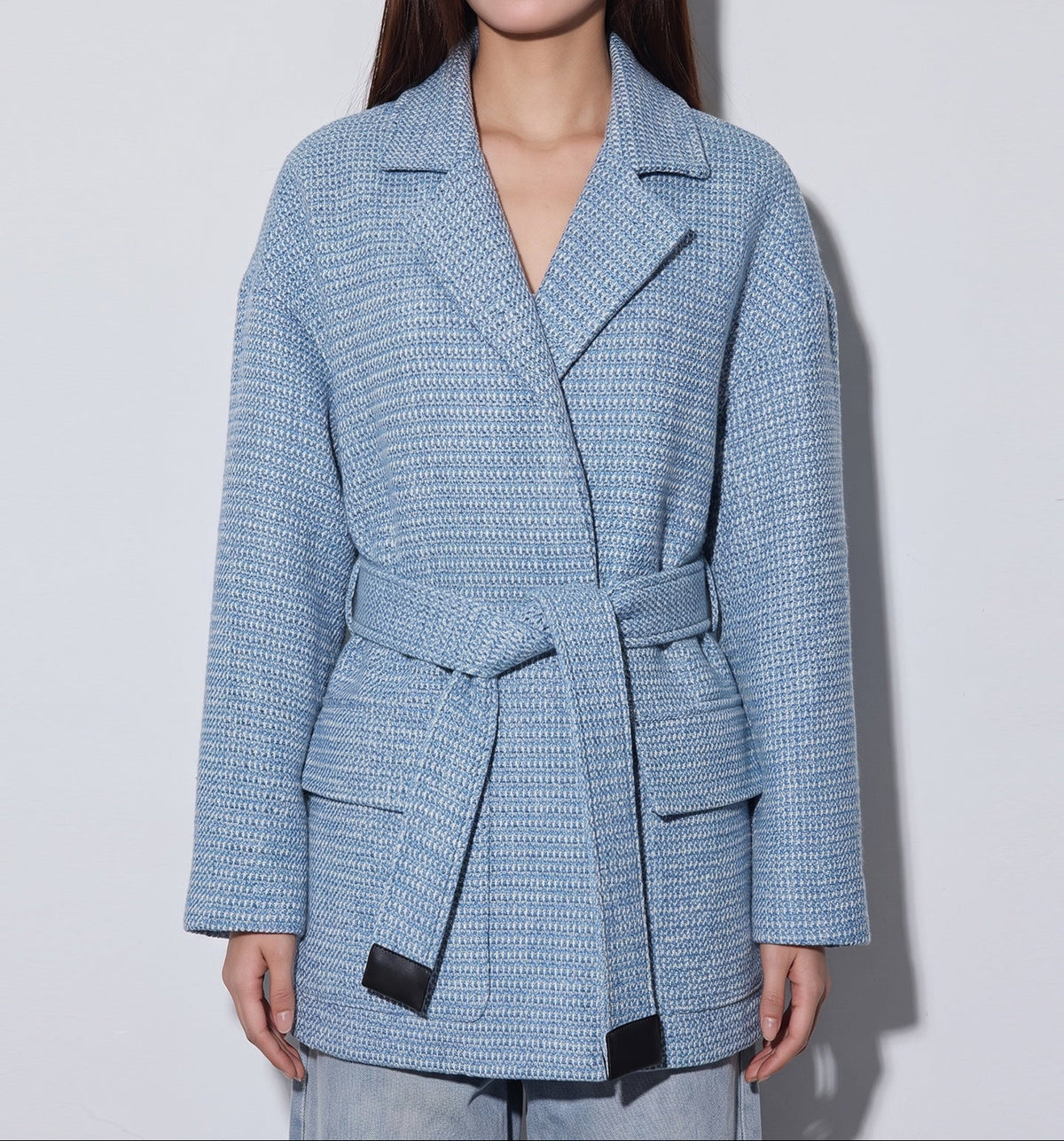 Tweed Jacket for Women — Belted Wrap Front with Notch Lapel and Patch Pockets