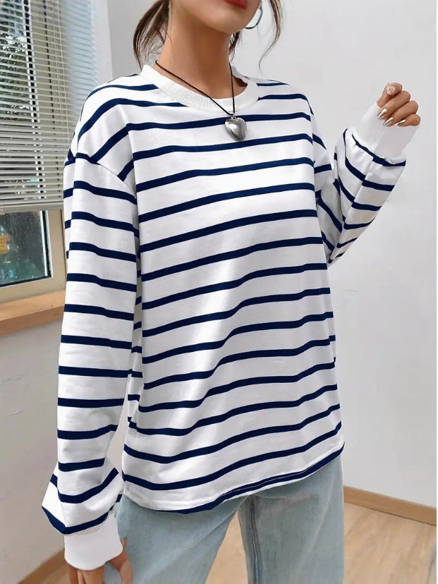 Women's striped sweatshirt with blue and white horizontal stripes, ribbed crew neck and cuffs