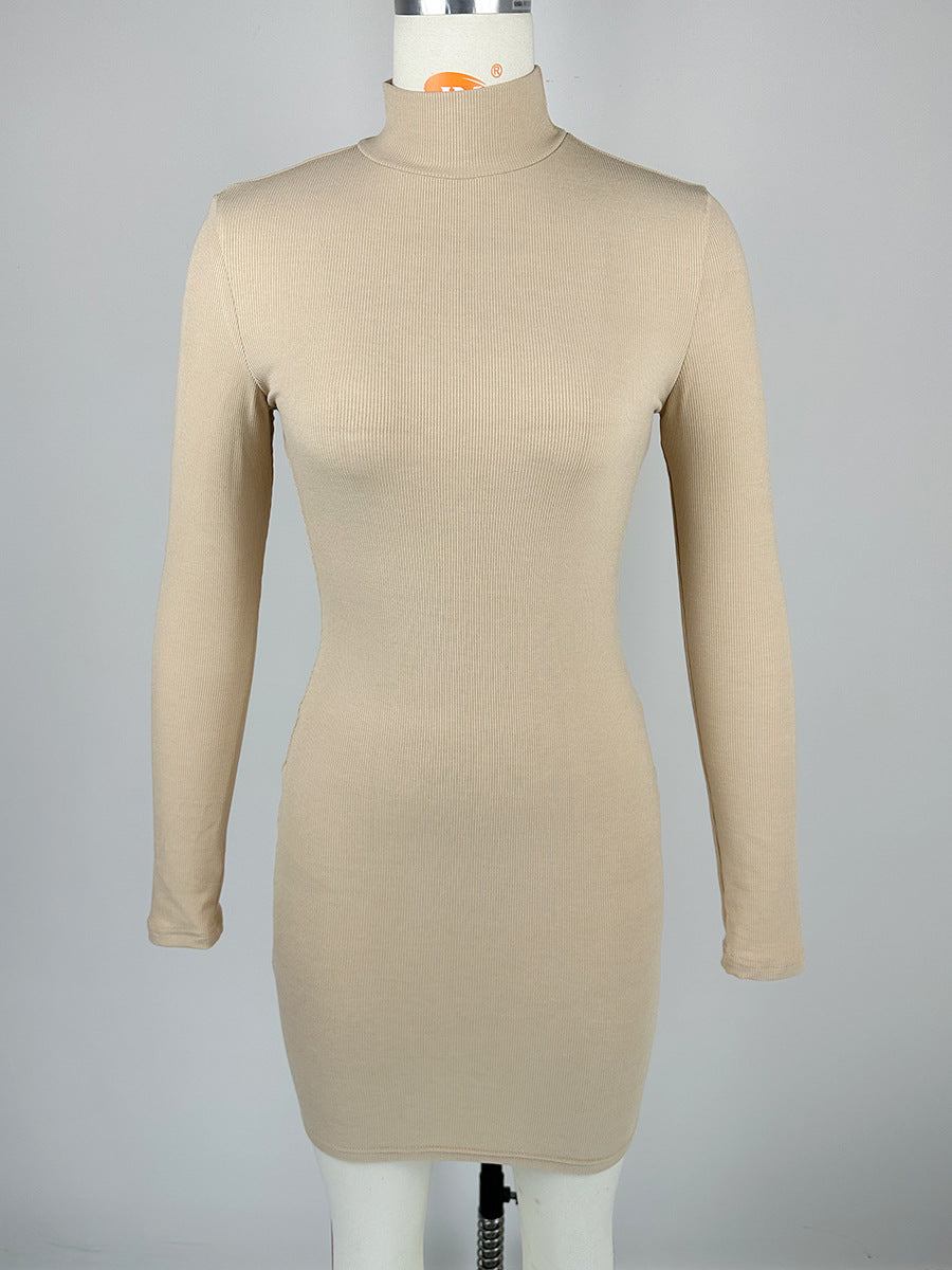 Women's rib-knit slim-fit dress, beige, half-high neck, long sleeves (back view)