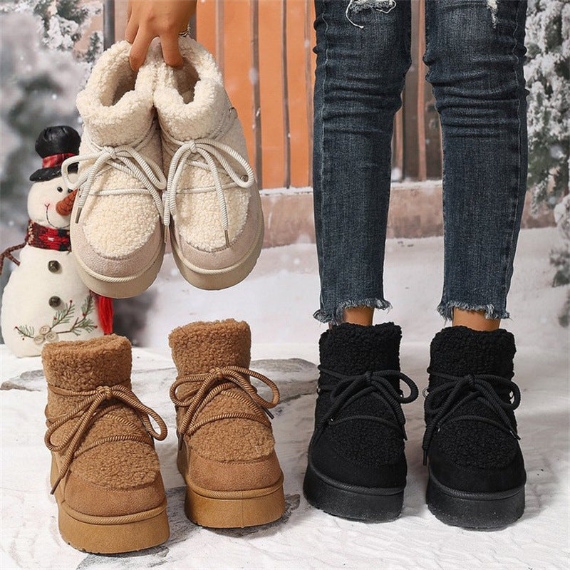 Fleece-lined platform lace-up ankle snow boots, off-white sherpa lining and laces