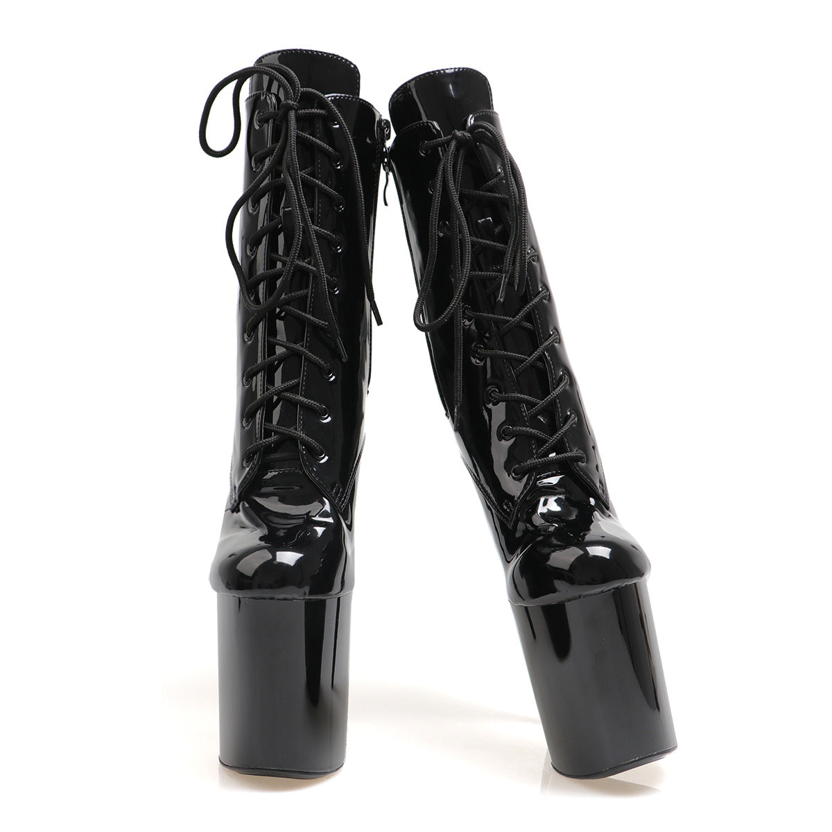 Black glossy lace-up platform ankle boots with tall stiletto heels