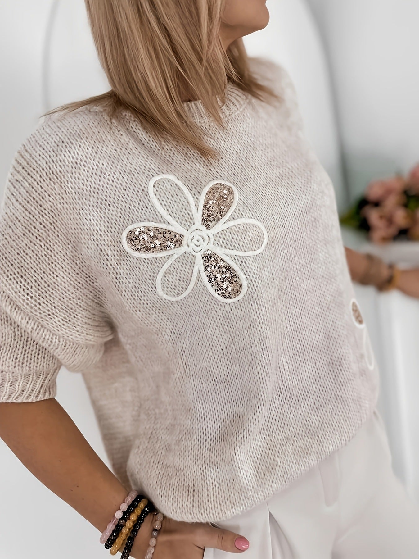 Oversized Mohair Sweater for Women — Soft Knit Pullover with Floral Embroidery
