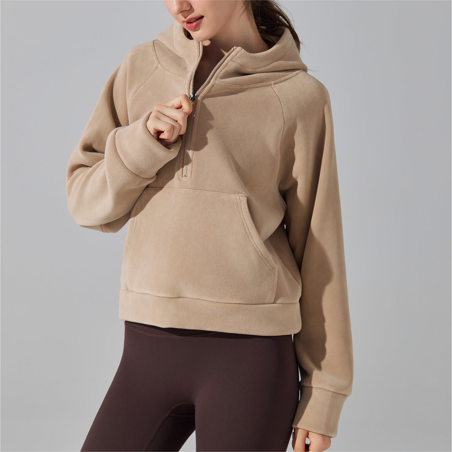 Fleece-lined half-zip sweatshirt with hood, beige, front pocket pouch and half-zip
