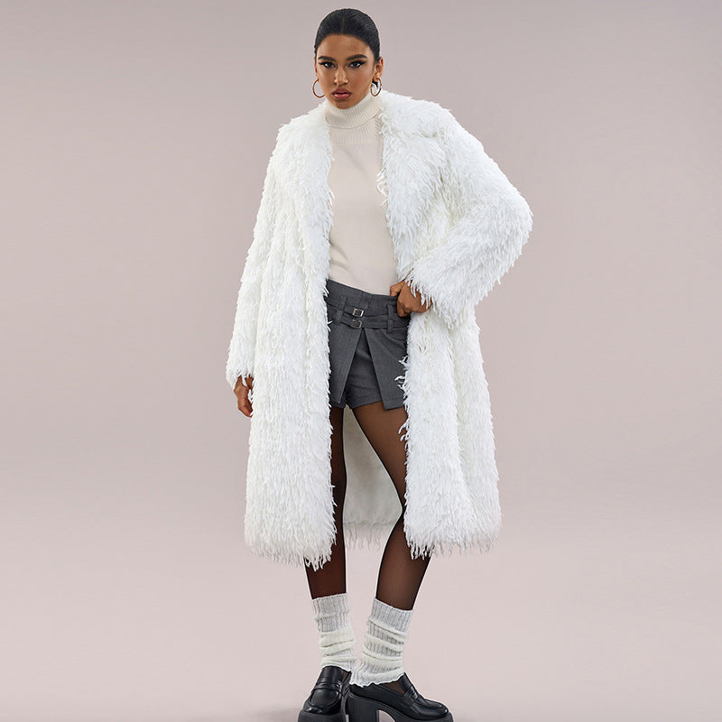 White faux fur long coat with open front and long shaggy sleeves, fringe edges