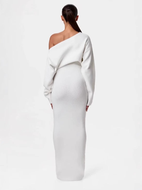 Women's slim long-sleeve off-shoulder knit dress, white (back view)