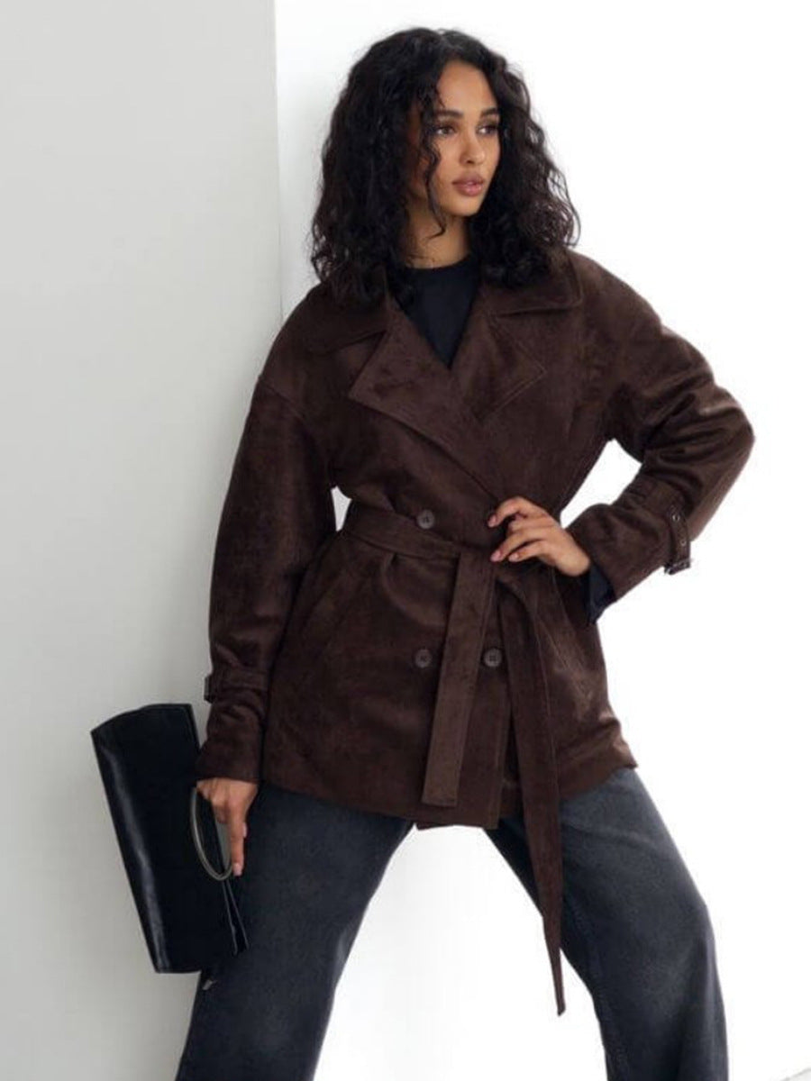 Dark brown suede lapel tie-waist jacket with button front and belt tie