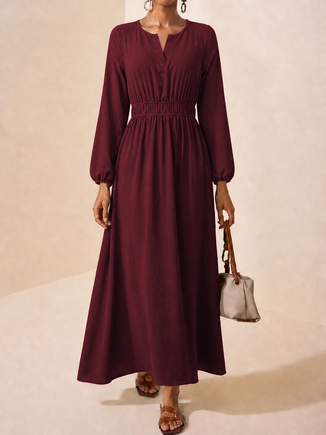 Long Sleeve Maxi Dress — Split Neck Smocked Waist with Lantern Cuffs in Viscose