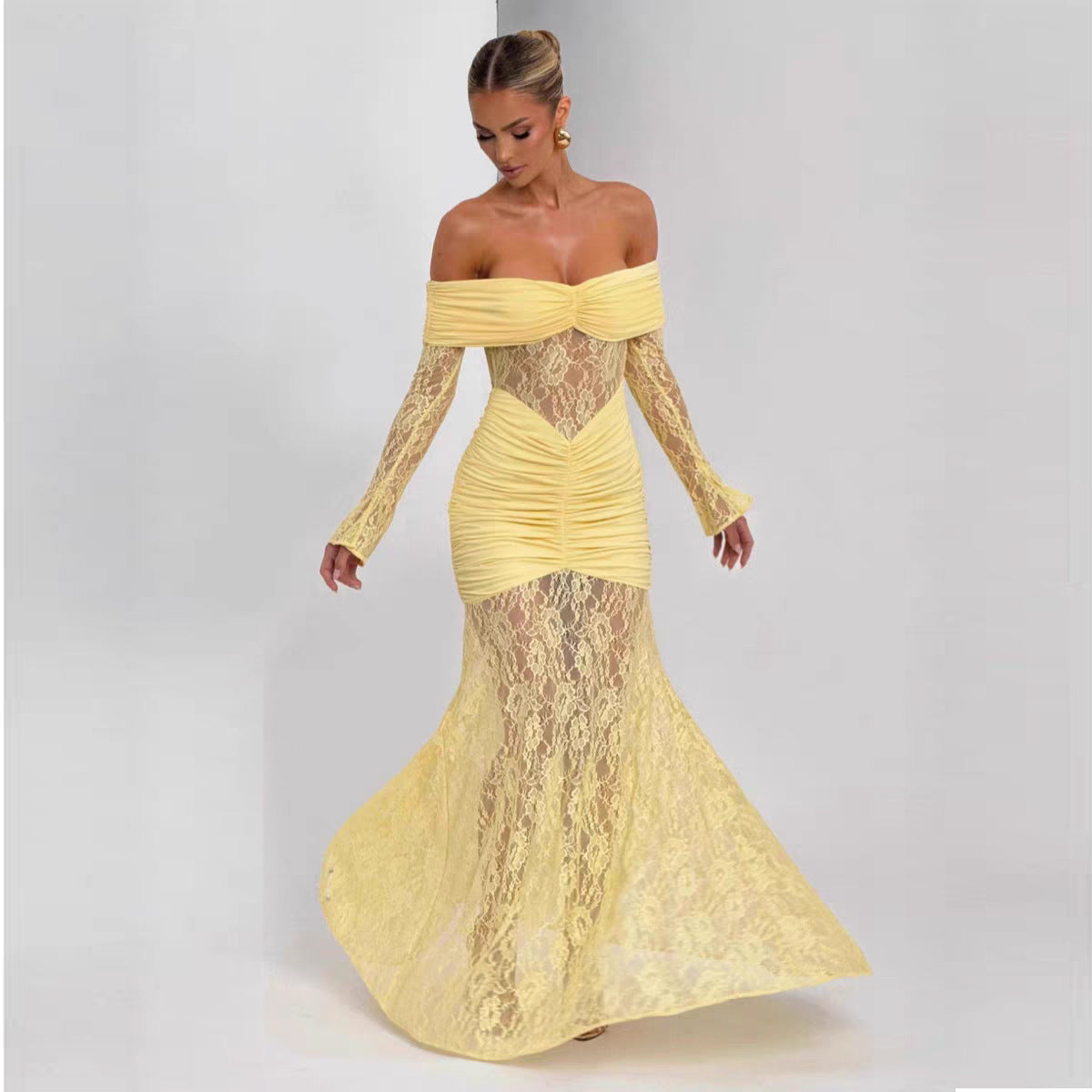 Lace Maxi Dress with Off Shoulder Neckline — Ruched Mermaid Evening Gown