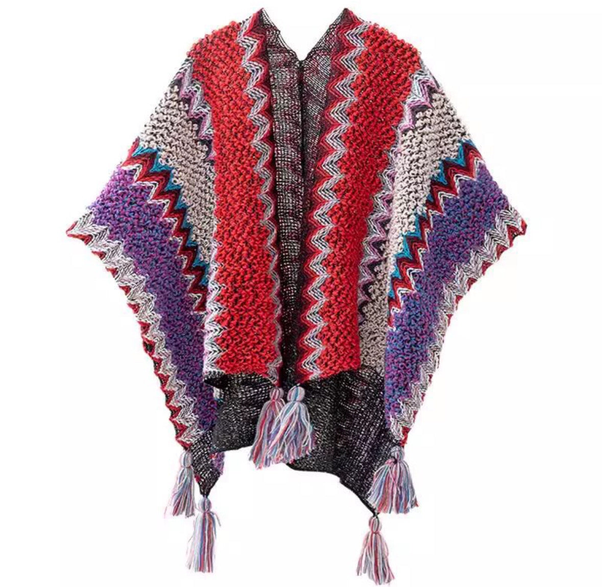 Red and purple knitted shawl with multicolor zigzag bands and tassel fringe