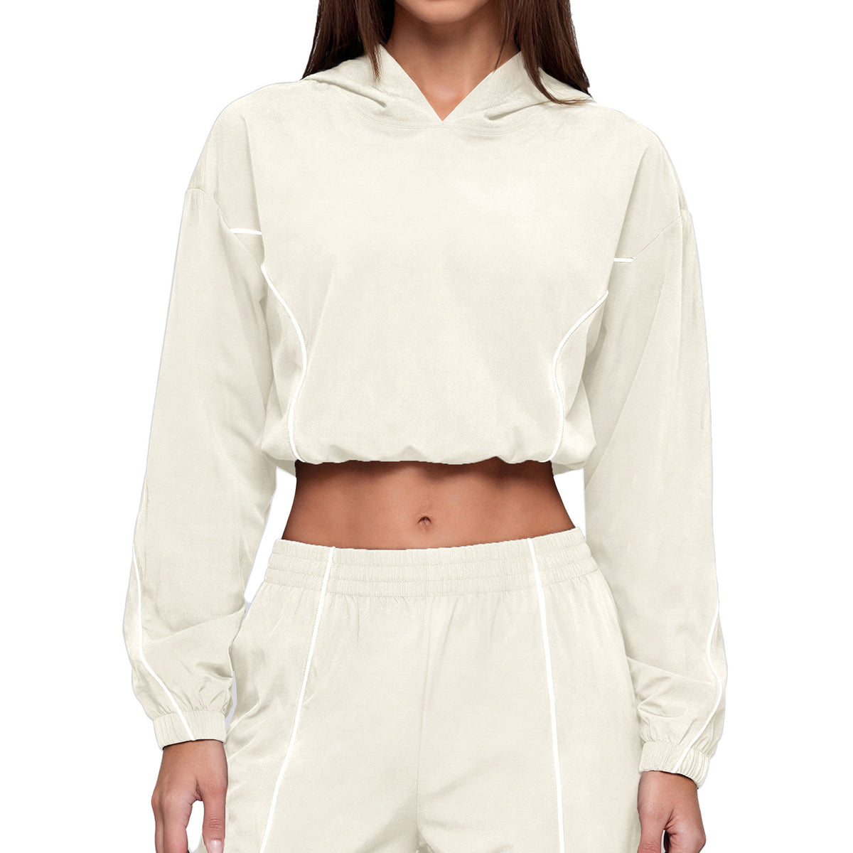 Off-white hooded sun protection jacket with contrast piping and cropped fit