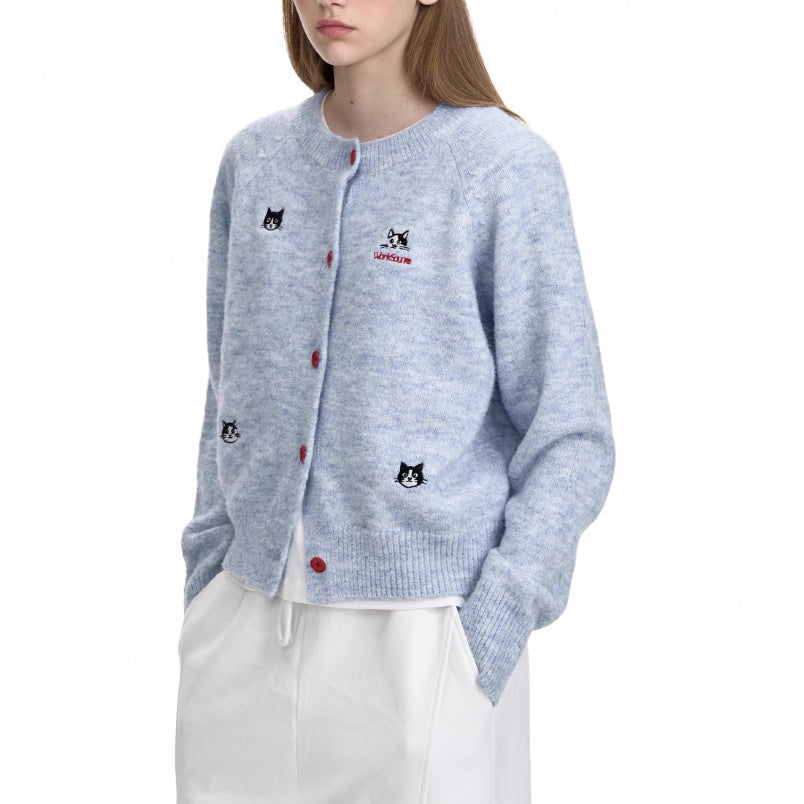 Mohair Cardigan for Women — Soft Fuzzy Knit with Embroidered Cat Motifs