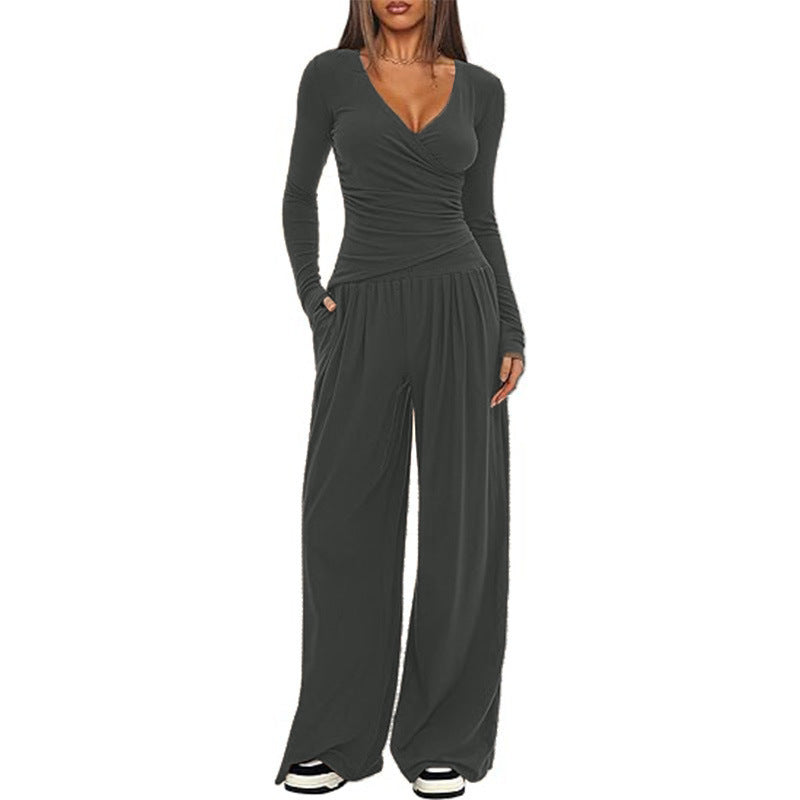 Women’s relaxed wide-leg pants with elastic waistband, dark green drape