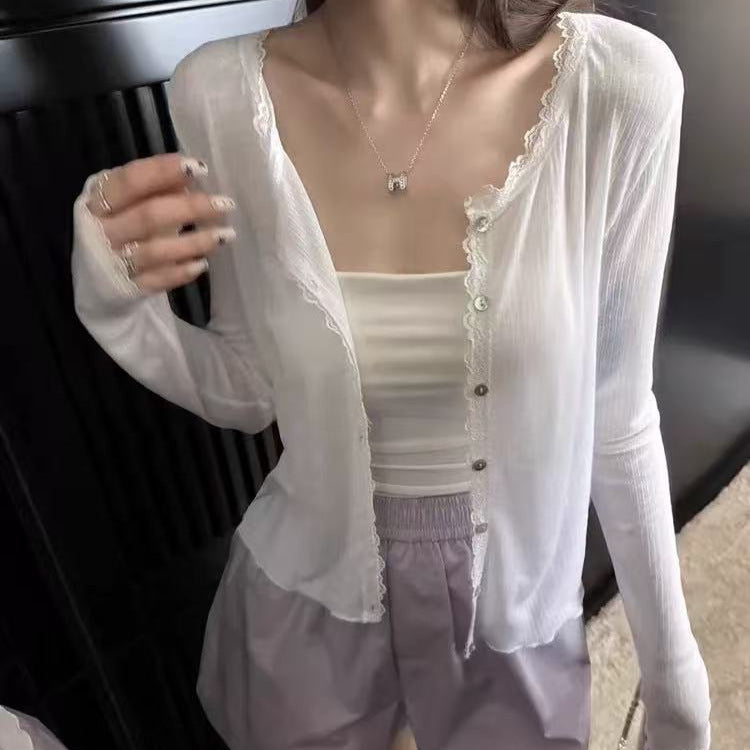 Women\u2019s sheer white lace-trim cardigan with button-front detail and long sleeves
