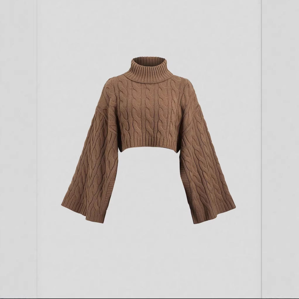Brown cable-knit high-neck cropped cardigan with bell sleeves