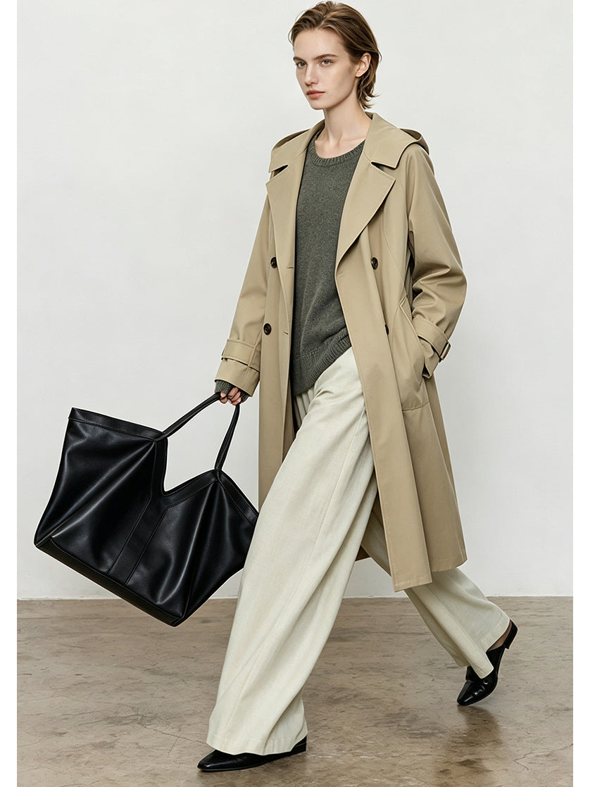 Khaki hooded long trench coat, oversized drop-shoulder, double-breasted button front