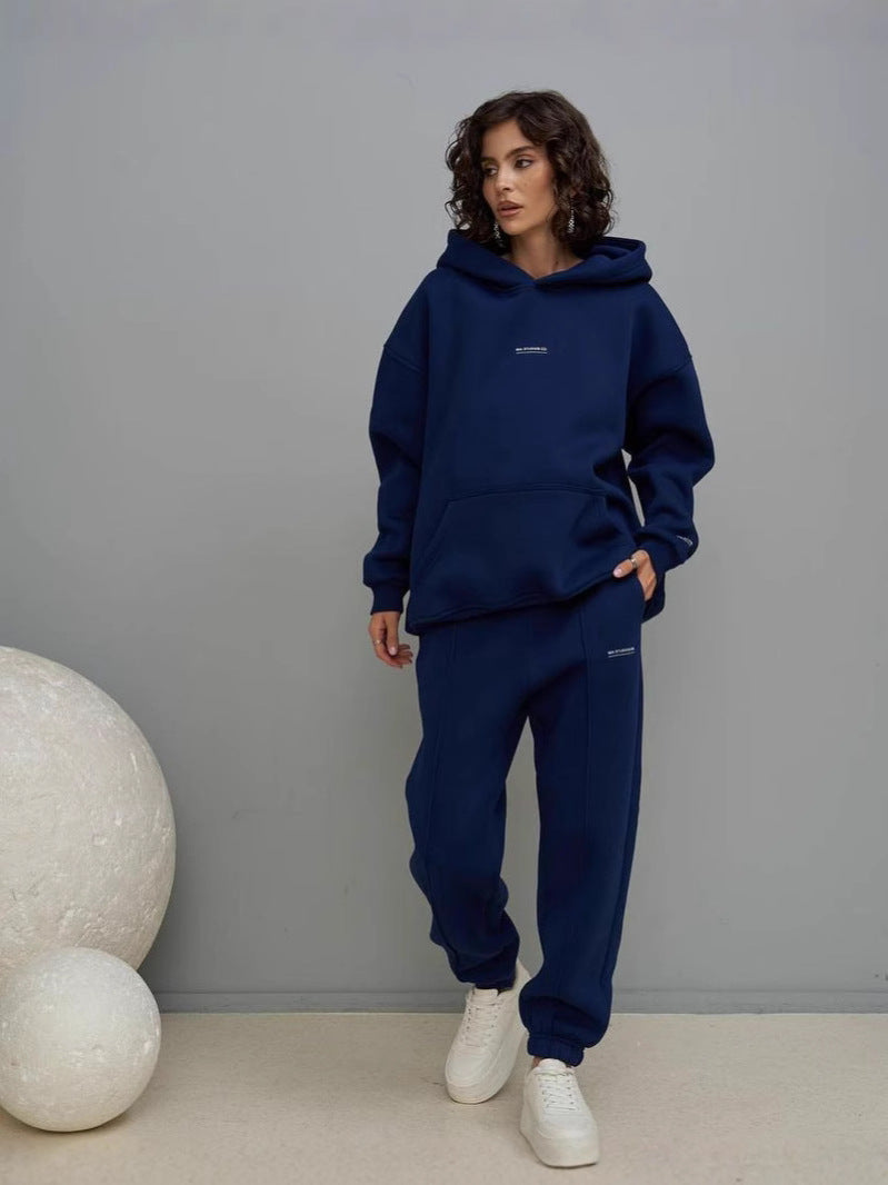 Navy hooded sweatshirt and matching jogger pants set, front kangaroo pocket