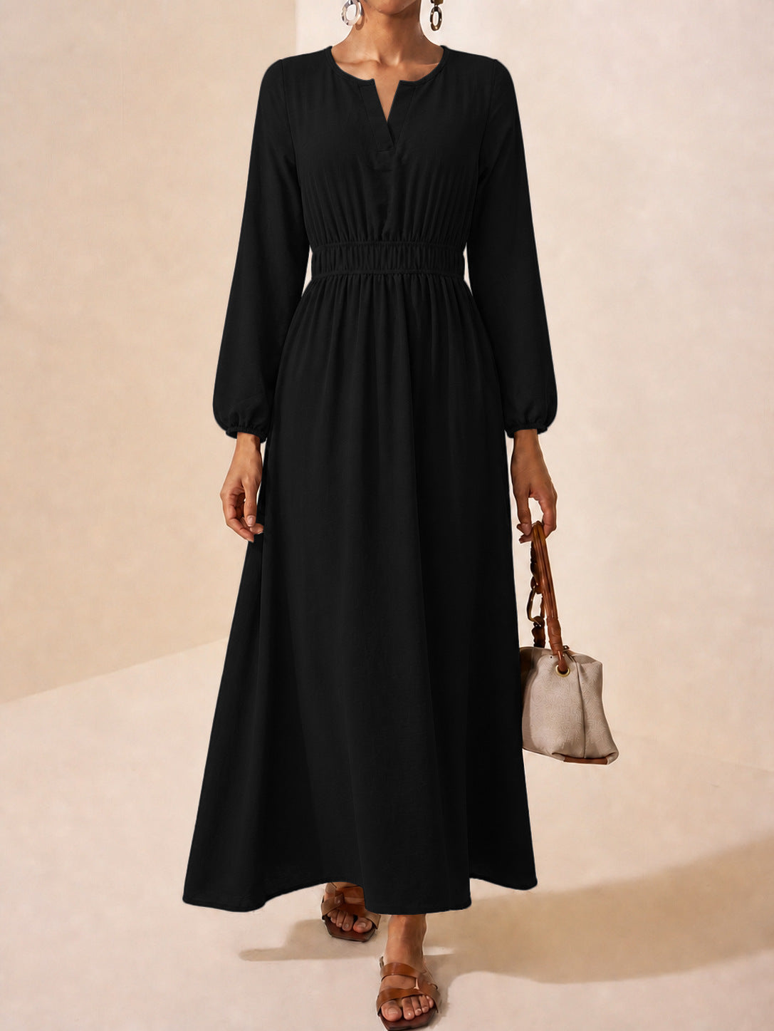 Long Sleeve Maxi Dress — Split Neck Smocked Waist with Lantern Cuffs in Viscose