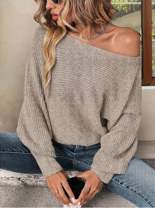 Off Shoulder Sweater for Women — Relaxed Batwing Fit with Lace Up Back in Merino Wool