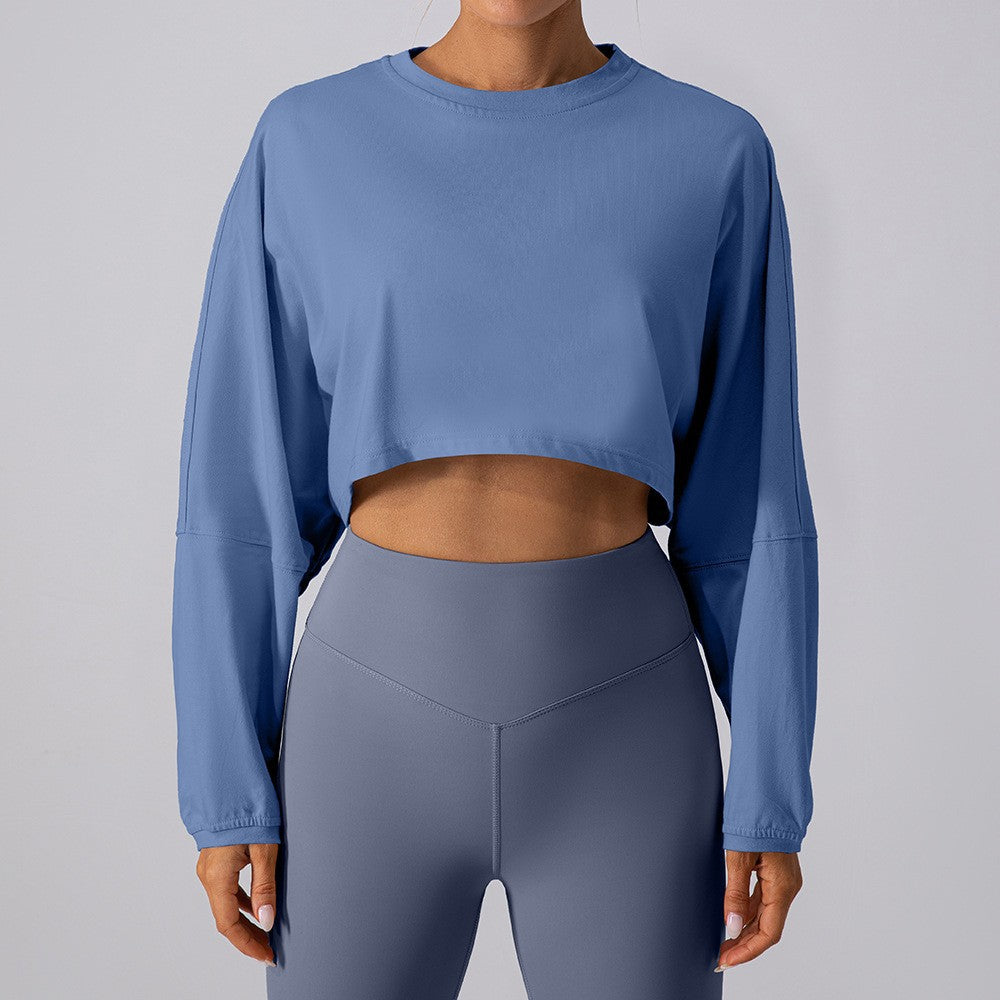 Women's cropped sweatshirt in blue, long sleeves, loose relaxed fit