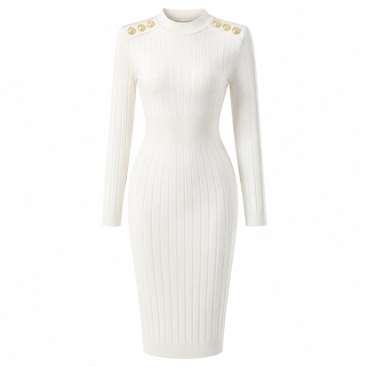 White ribbed mock-neck bodycon dress with long sleeves and gold shoulder button detail