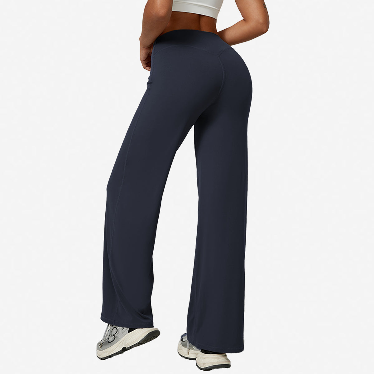 Navy high-waisted wide-leg yoga pants with a rear seam