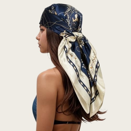 Satin square scarf for head in navy blue with cream and gold chain floral print
