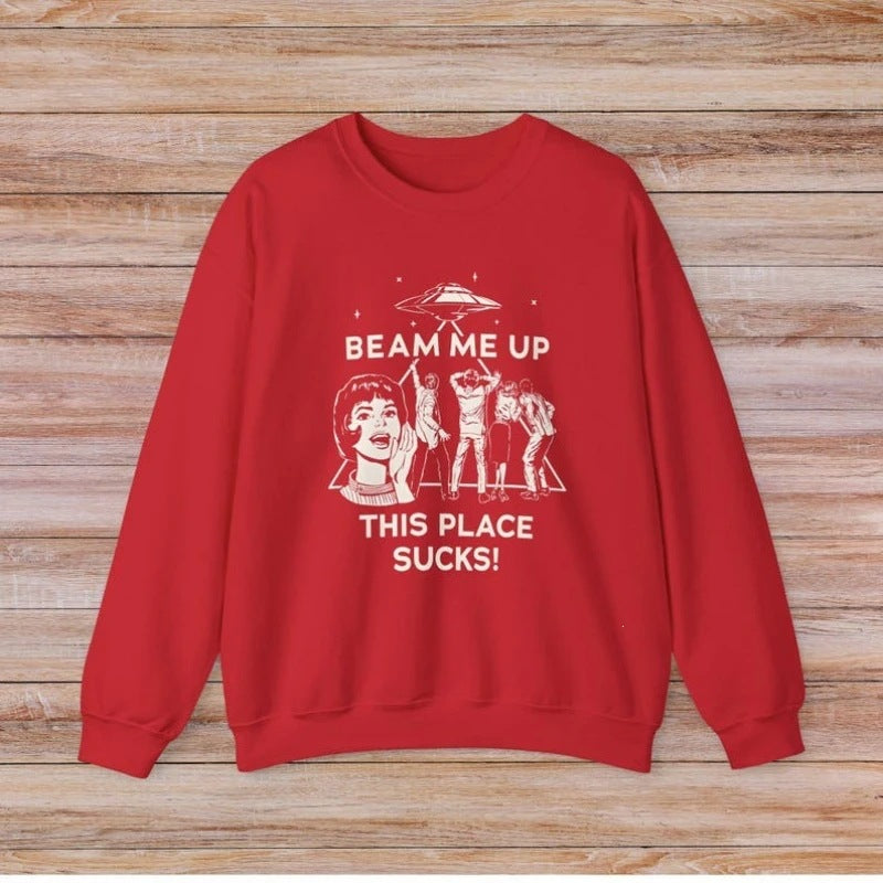 Graphic Sweatshirt for Women — Oversized Retro UFO Print Crew Neck in Cotton Fleece