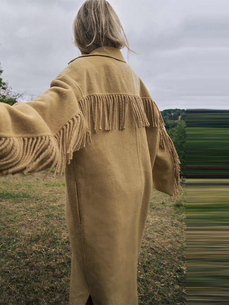 Women’s khaki back view windbreaker coat with shoulder tassel fringe and yoke details