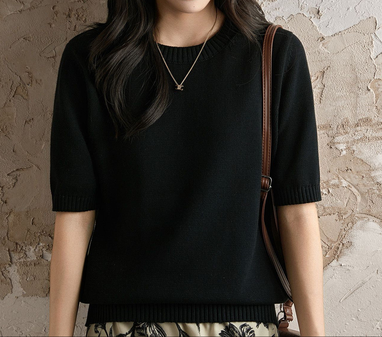 Short Sleeve Knit Top for Women — Crew Neck Cotton Sweater Tee with Ribbed Trim
