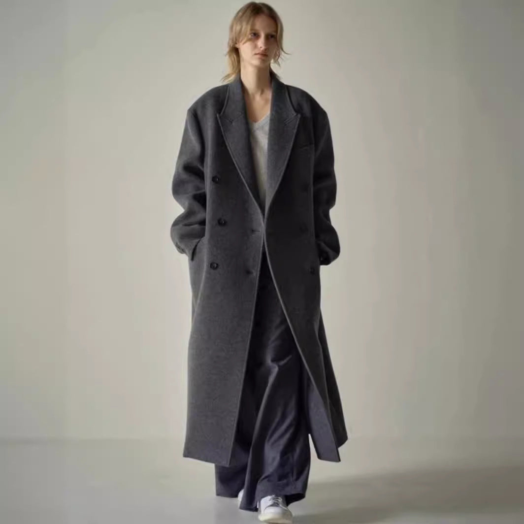 Dark gray long wool coat, double-breasted with notched lapels and button details