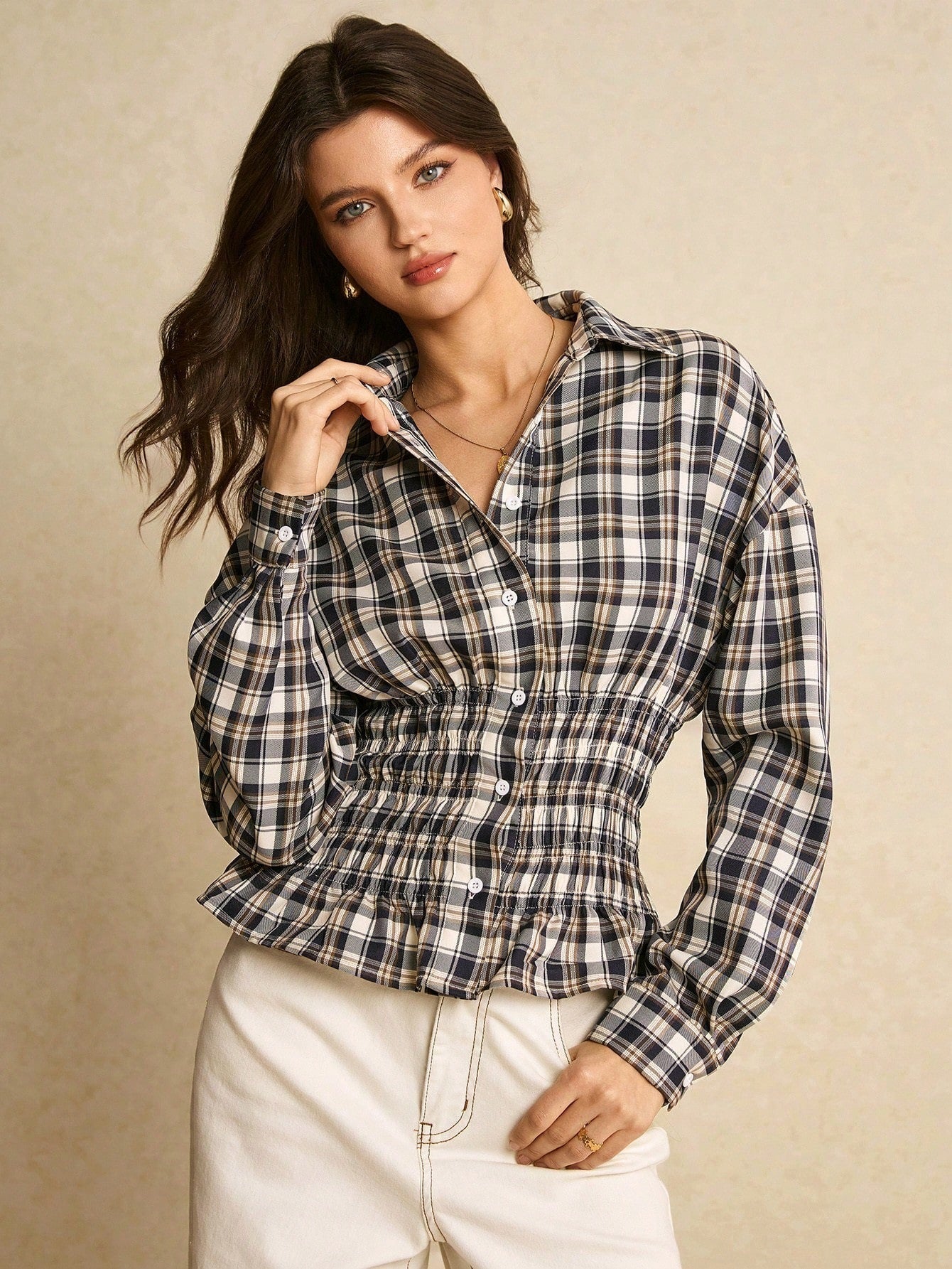 Smocked Waist Button Down Shirt for Women — Peplum Hem Blouson Fit in Cotton