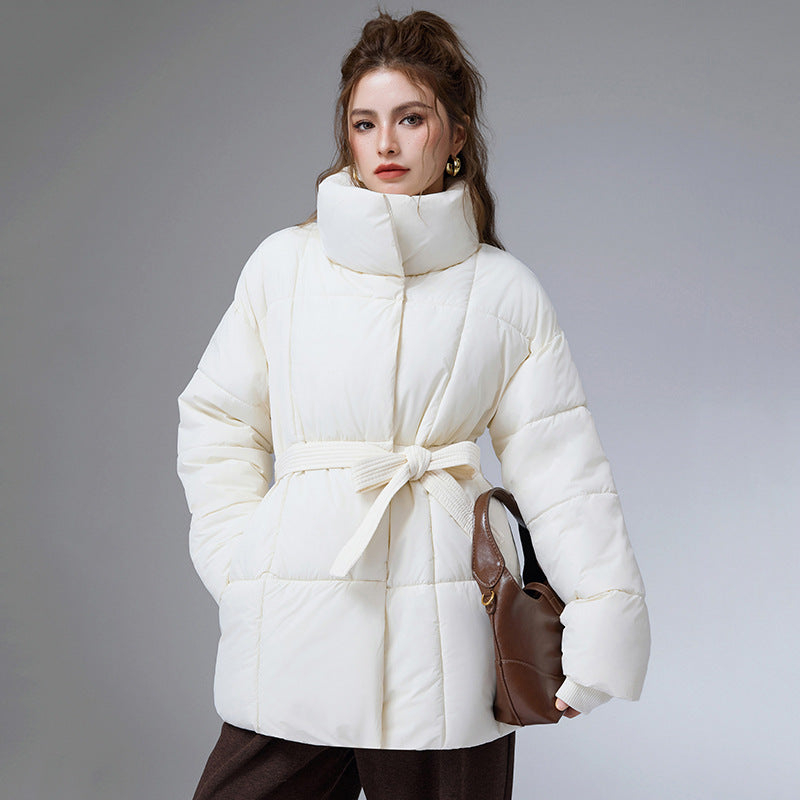 Women's white cotton puffer coat with stand collar and tie belt