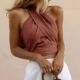 Cotton crop halter top in dark pink with cross wrap front and open back