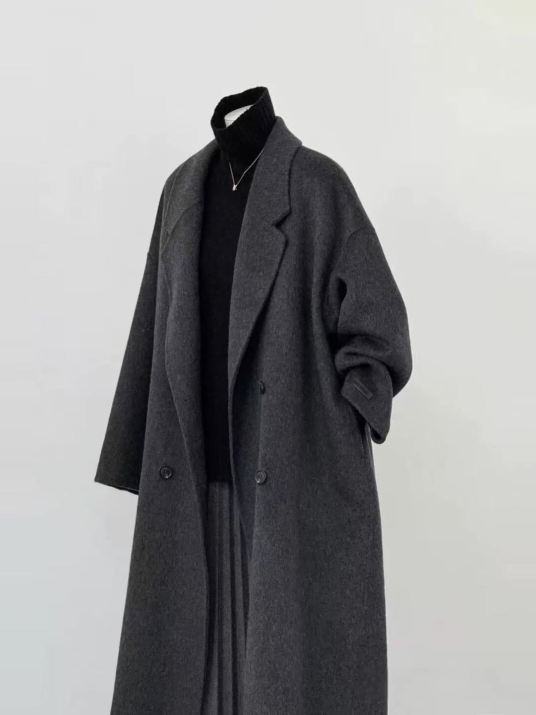 Gray long wool coat with notched lapels and double-breasted buttons