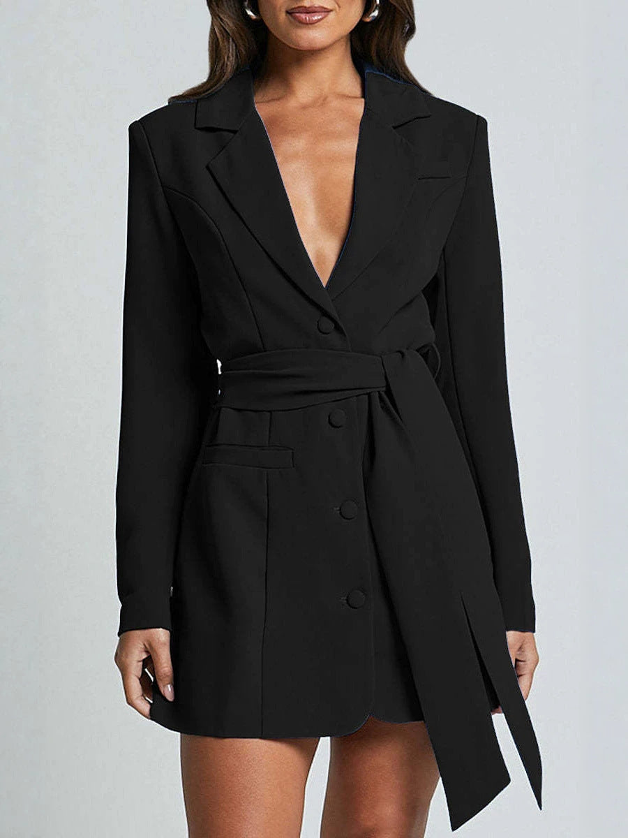 Women's black belted blazer dress with V-neck, button front, long sleeves