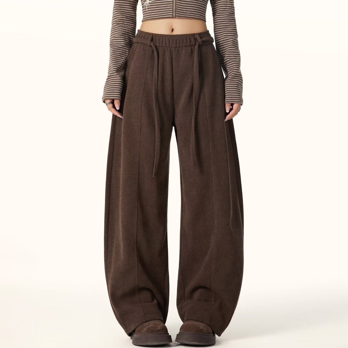 Corduroy Wide Leg Pants for Women — High Waist Drawstring Barrel Leg Fit
