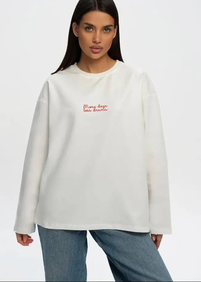 Long Sleeve T-Shirt for Women — Oversized Dachshund Back Print in Pure Cotton