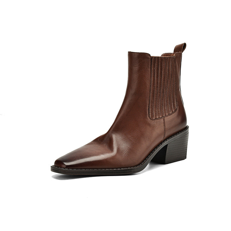 Brown leather Chelsea boots with square toe and thick heel, side elastic gore