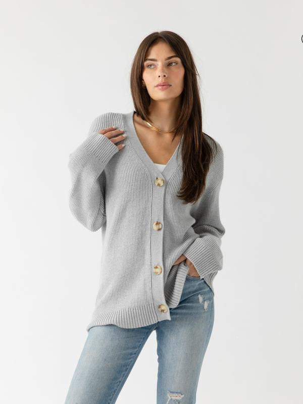 Light gray ribbed V-neck cardigan with buttons and long sleeves