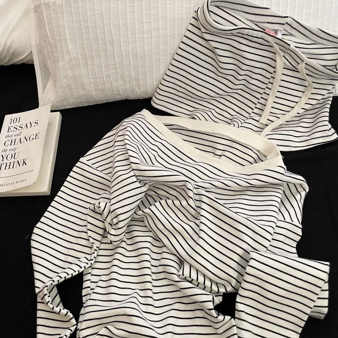 Women's striped slanted-shoulder pajama set, long-sleeve top and shorts, black/white