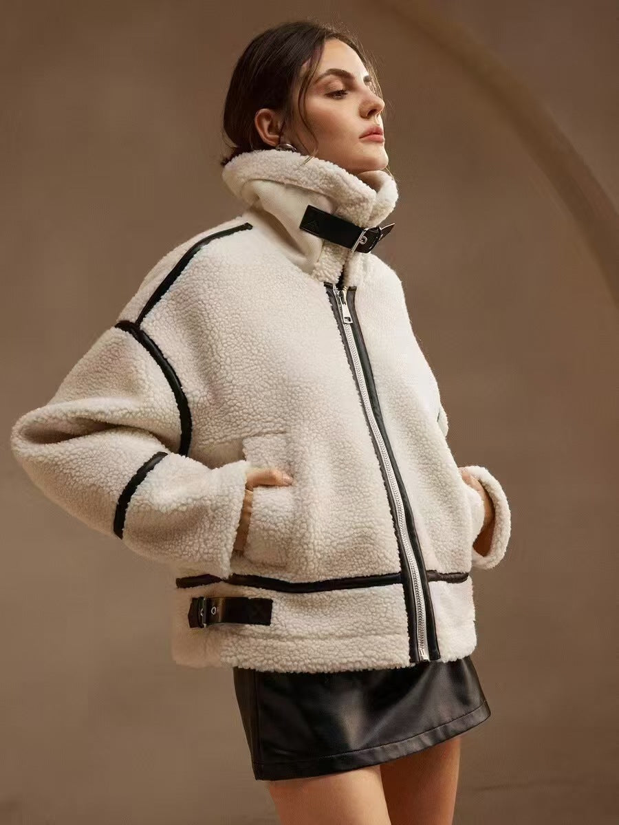 Cream sherpa motorcycle jacket with black trim, front zipper, stand collar