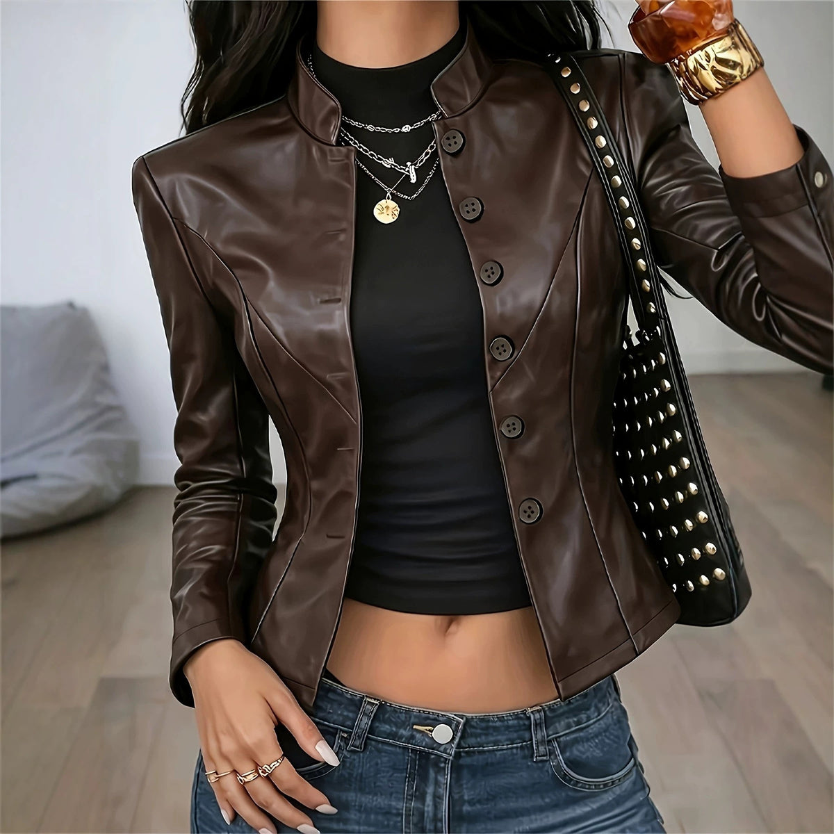 Women’s dark-brown leather jacket with button-front and notched lapel