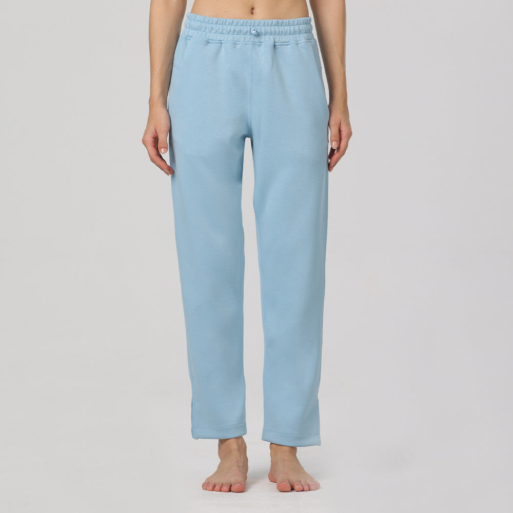 Sky blue elastic-waist cotton pants with straight legs and ankle-length hems