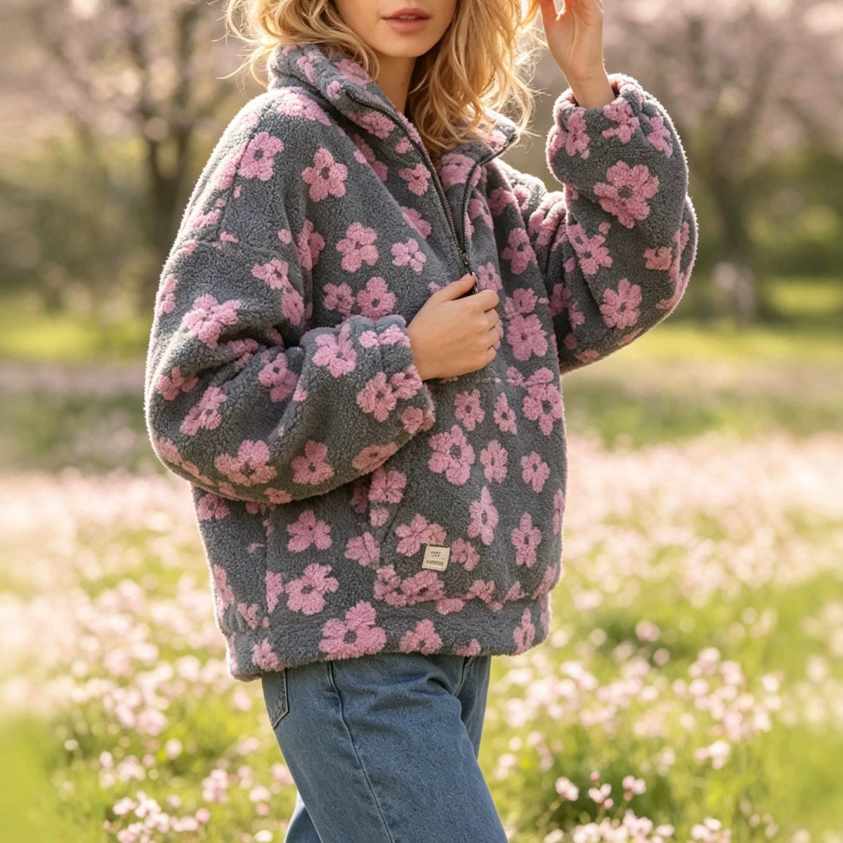 Purple fleece half-zip hoodie with pink floral print and front pouch pocket