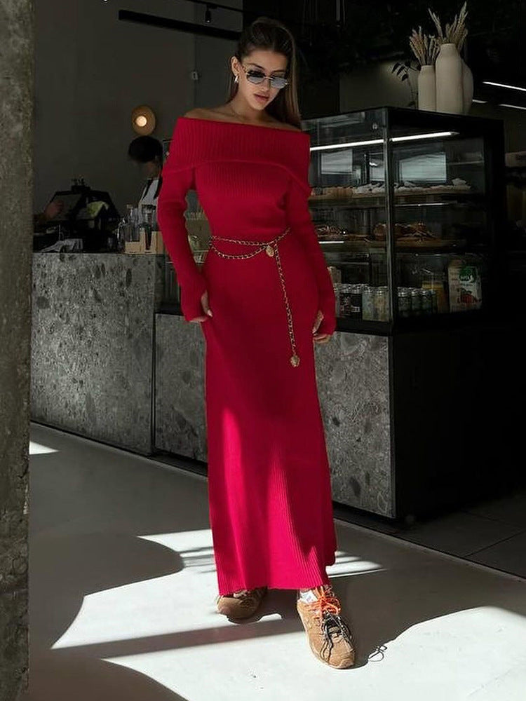 Off Shoulder Maxi Dress — Ribbed Knit Bodycon with Fold Over Neckline and Long Sleeves